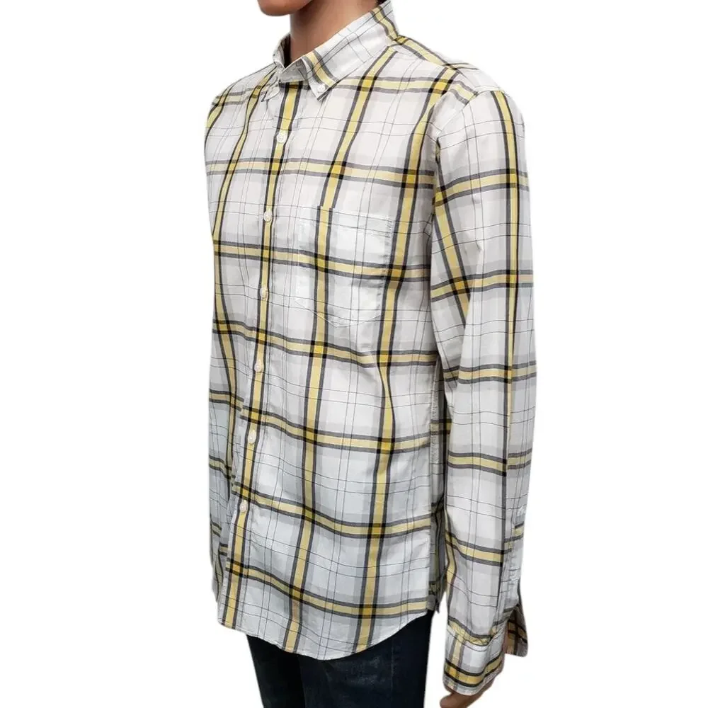 J. Crew NY Light Weight Shirt Slim Fit Men L Button Down White Yellow Navy Plaid